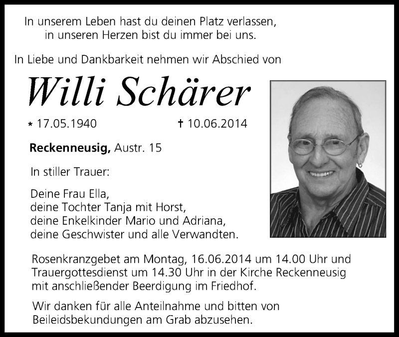  Traueranzeige für Willi Schärer vom 13.06.2014 aus MGO