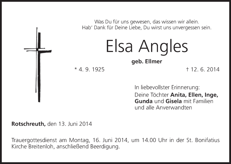  Traueranzeige für Elsa Angles vom 13.06.2014 aus MGO