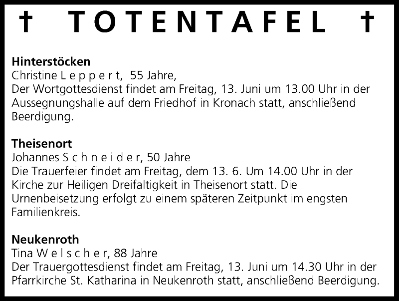  Traueranzeige für Totentafel 13.06.2014 vom 13.06.2014 aus MGO