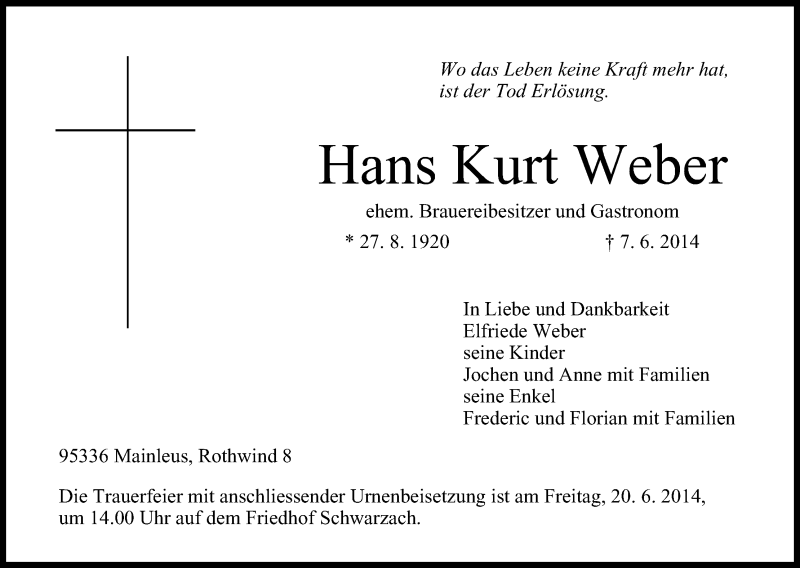  Traueranzeige für Hans Kurt Weber vom 17.06.2014 aus MGO