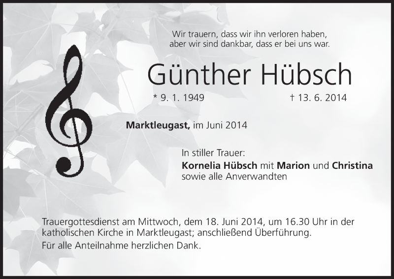  Traueranzeige für Günther Hübsch vom 16.06.2014 aus MGO