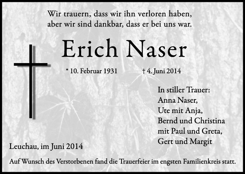  Traueranzeige für Erich Naser vom 14.06.2014 aus MGO