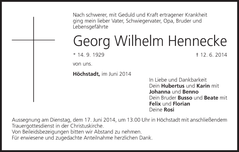  Traueranzeige für Georg Wilhelm Hennecke vom 14.06.2014 aus MGO