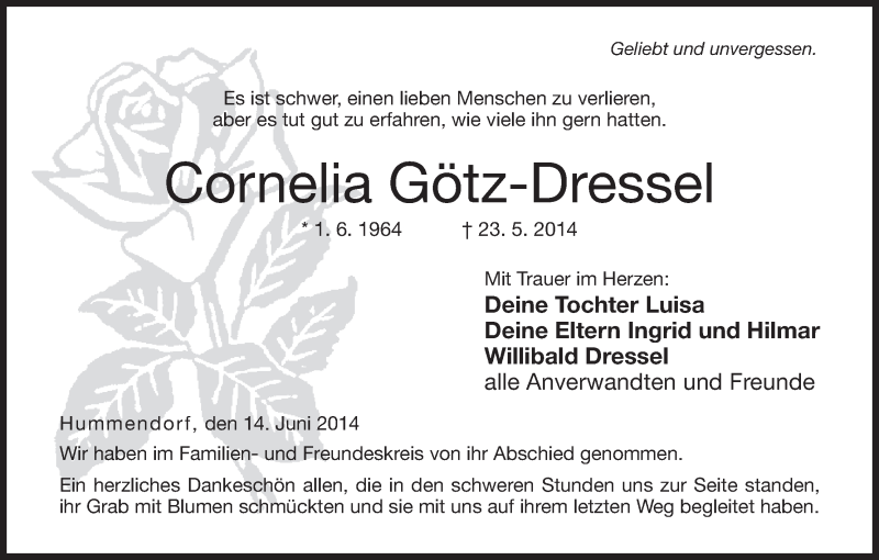 Traueranzeige für Cornelia Götz-Dressel vom 14.06.2014 aus MGO