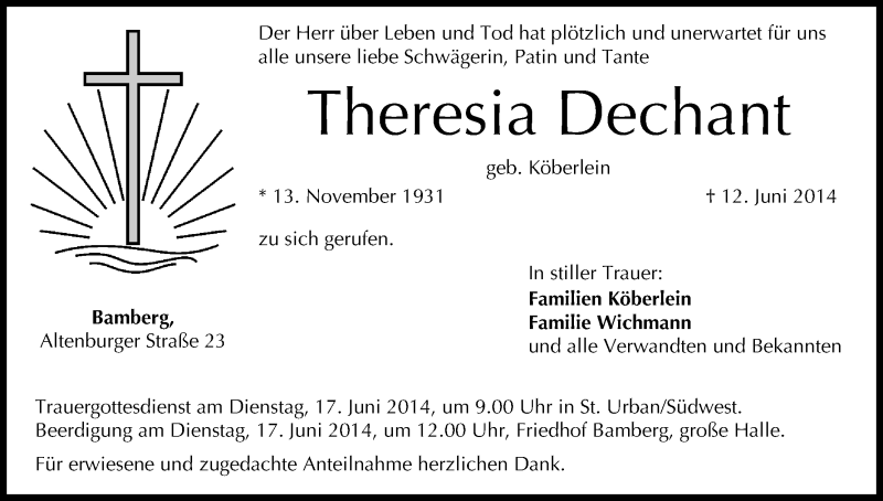  Traueranzeige für Theresia Dechant vom 14.06.2014 aus MGO
