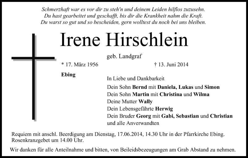  Traueranzeige für Irene Hirschlein vom 16.06.2014 aus MGO