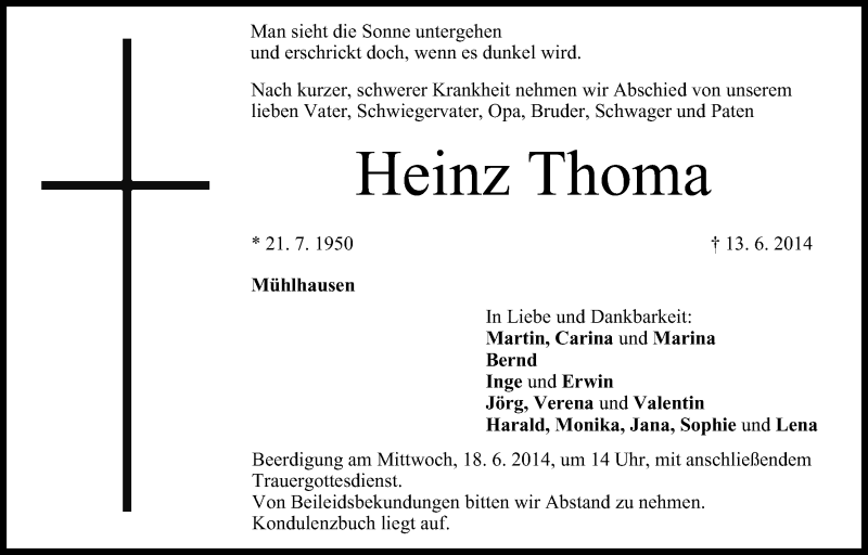  Traueranzeige für Heinz Thoma vom 17.06.2014 aus MGO
