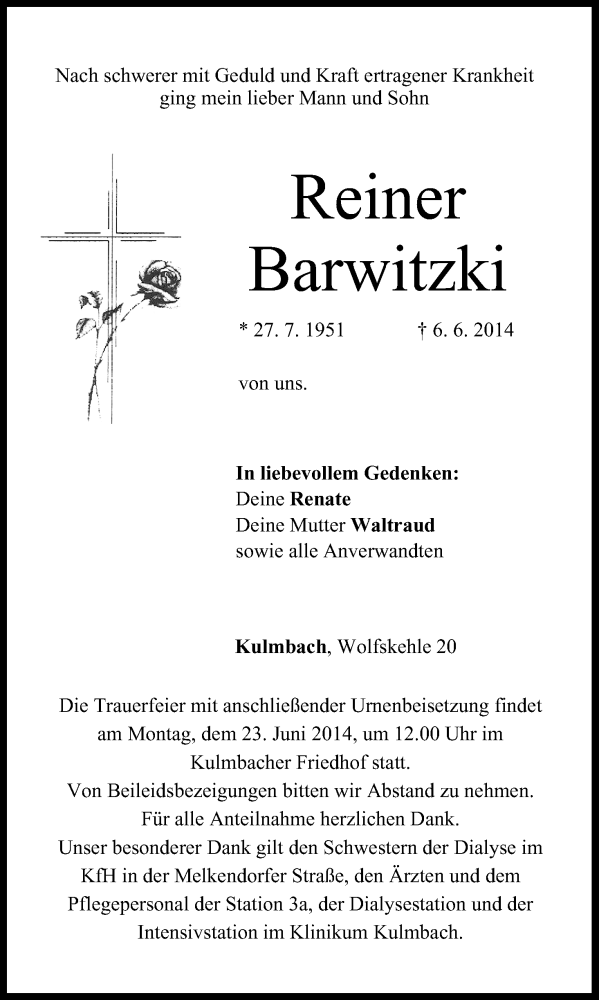  Traueranzeige für Reiner Barwitzki vom 19.06.2014 aus MGO