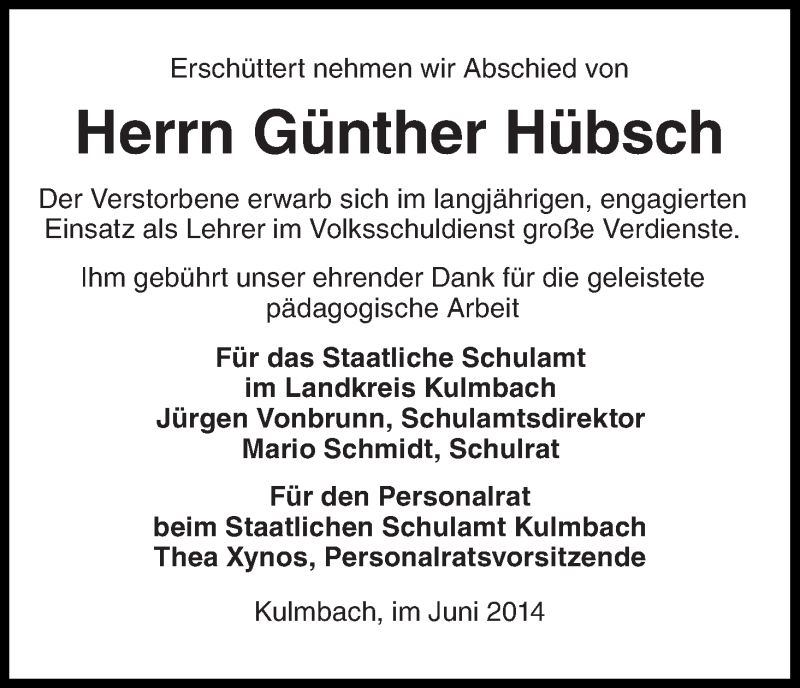 Traueranzeige für Günther Hübsch vom 17.06.2014 aus MGO