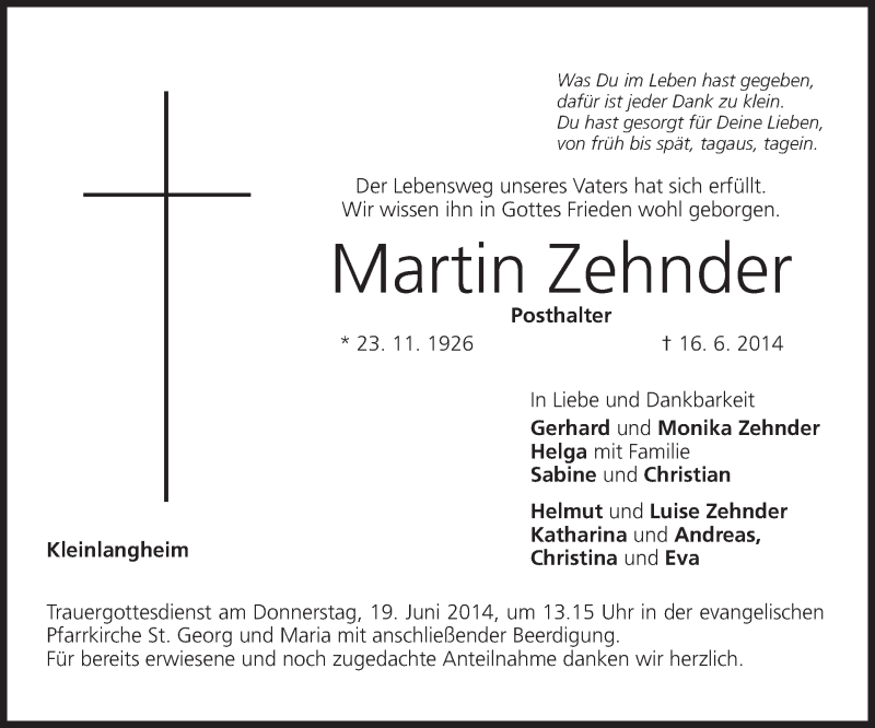  Traueranzeige für Martin Zehnder vom 17.06.2014 aus MGO