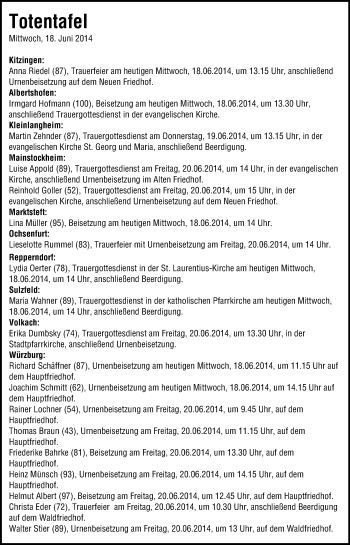 Anzeige von Totentafel vom 18.06.2014 von MGO