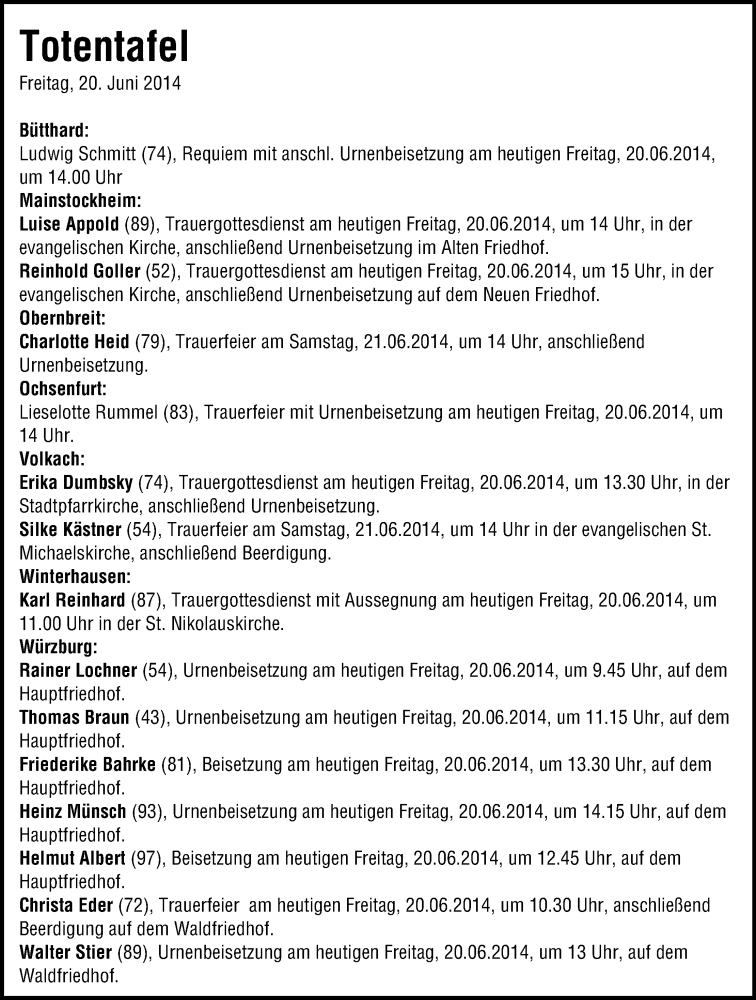  Traueranzeige für Totentafel 20.06.2014 vom 20.06.2014 aus MGO