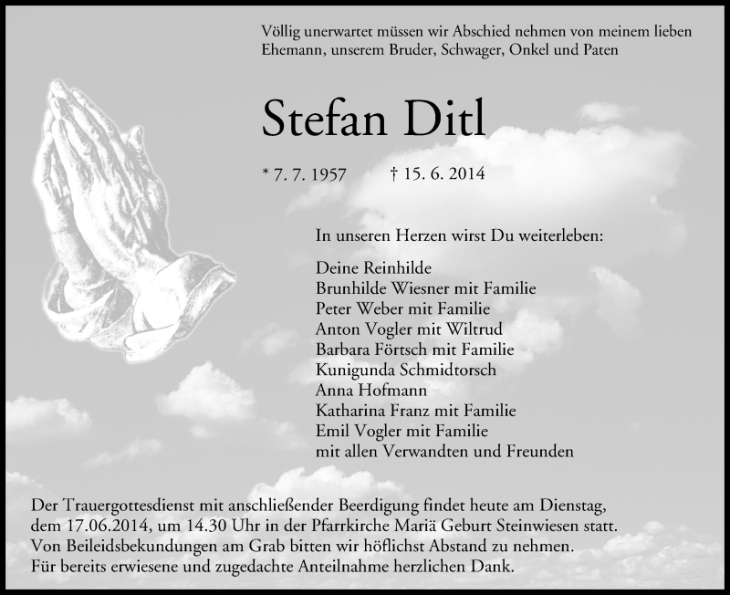  Traueranzeige für Stefan Ditl vom 17.06.2014 aus MGO