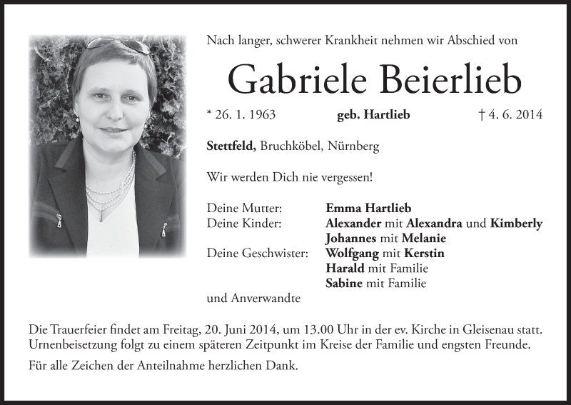  Traueranzeige für Gabriele Beierlieb vom 18.06.2014 aus MGO