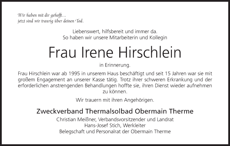  Traueranzeige für Irene Hirschlein vom 18.06.2014 aus MGO