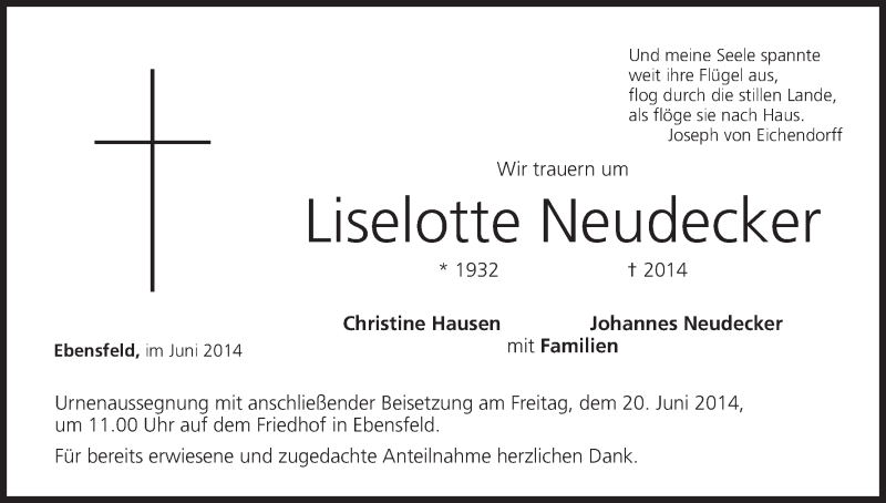  Traueranzeige für Liselotte Neudecker vom 18.06.2014 aus MGO