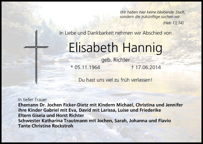  Traueranzeige für Elisabeth Hannig vom 21.06.2014 aus MGO