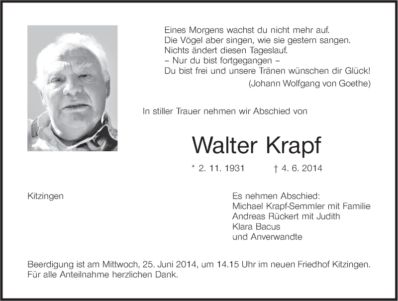  Traueranzeige für Walter Krapf vom 21.06.2014 aus MGO