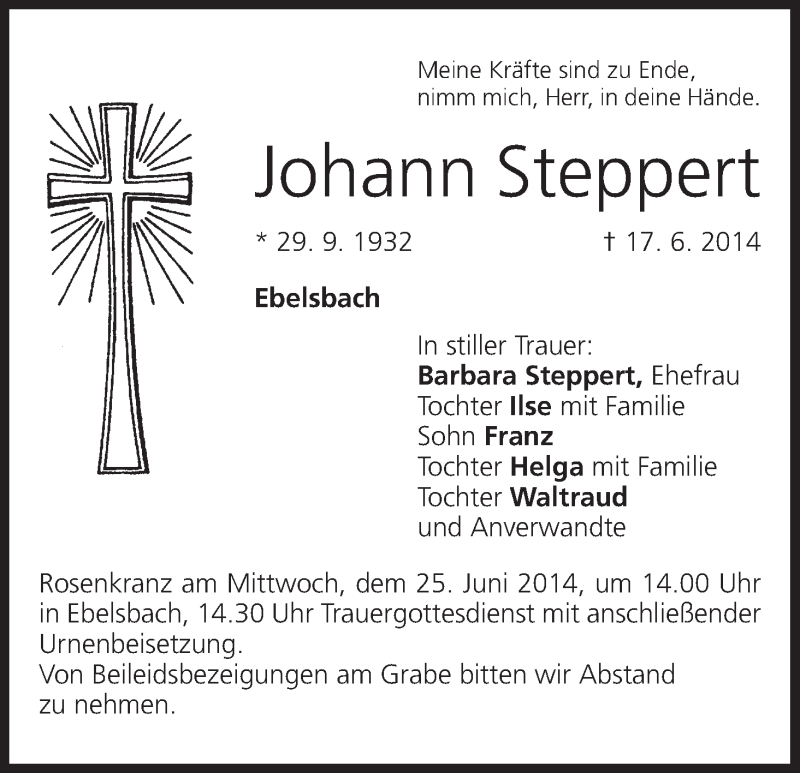  Traueranzeige für Johann Steppert vom 23.06.2014 aus MGO