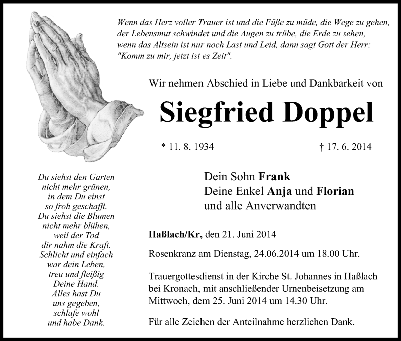  Traueranzeige für Siegfried Doppel vom 21.06.2014 aus MGO