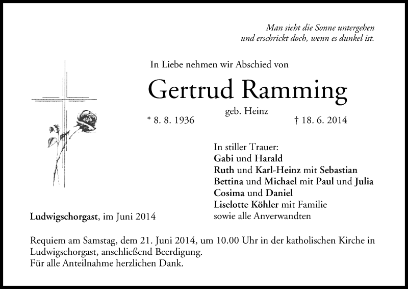  Traueranzeige für Gertrud Ramming vom 21.06.2014 aus MGO