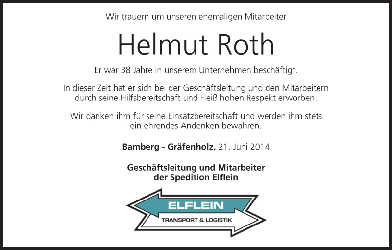  Traueranzeige für Helmut Roth vom 21.06.2014 aus MGO