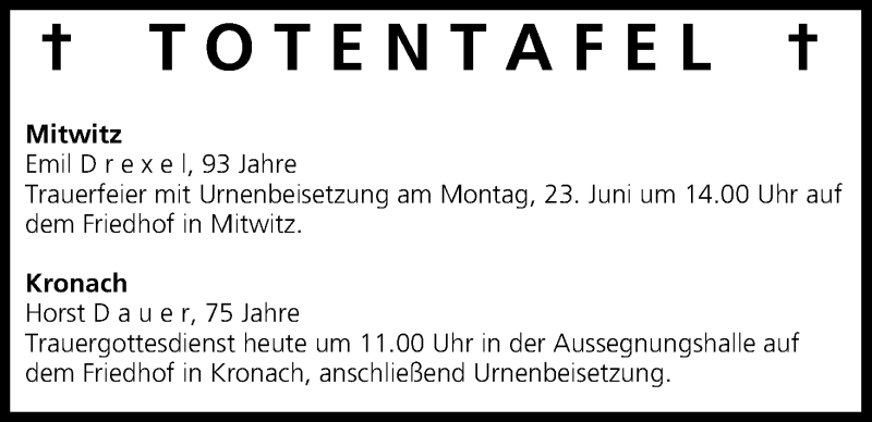  Traueranzeige für Totentafel vom 21.06.2014 vom 21.06.2014 aus MGO