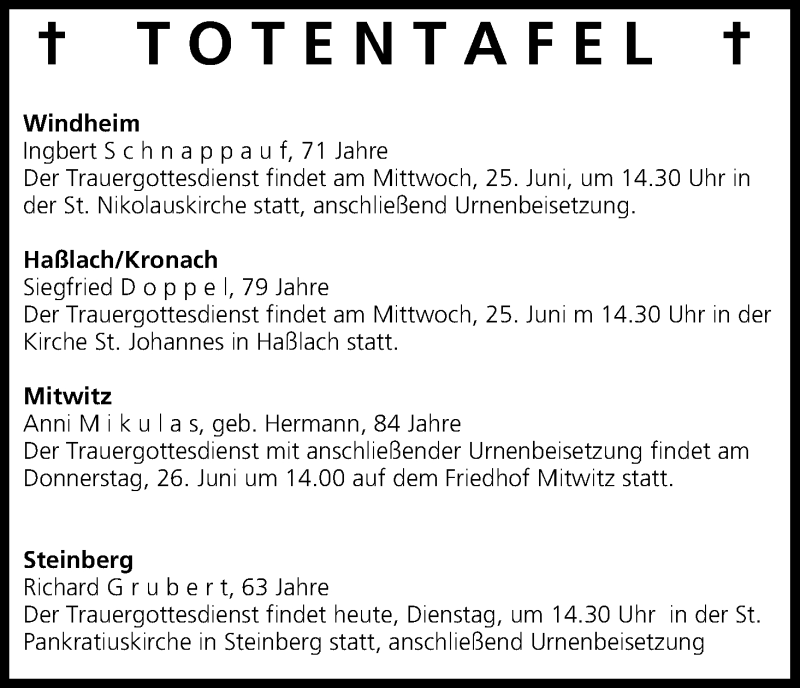  Traueranzeige für Totentafel vom 24.06.2014 vom 24.06.2014 aus MGO