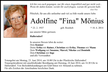 Anzeige von Adolfine  Mönius von MGO