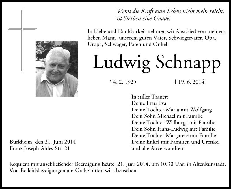  Traueranzeige für Ludwig Schnapp vom 21.06.2014 aus MGO