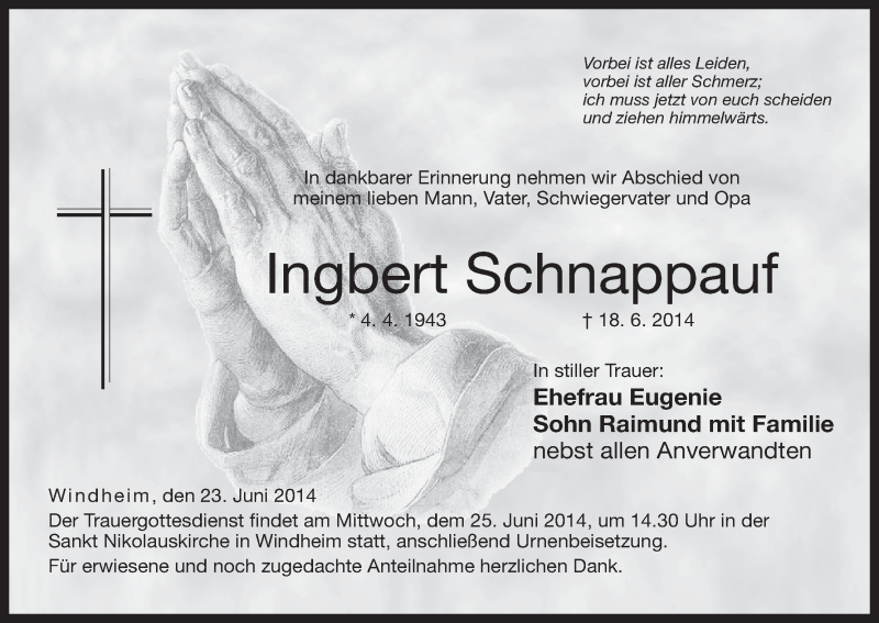  Traueranzeige für Ingbert Schnappauf vom 23.06.2014 aus MGO