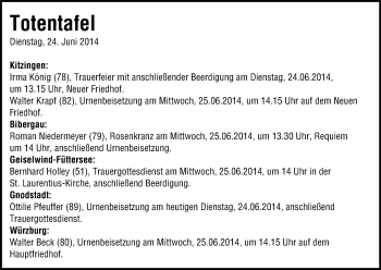 Anzeige von Totentafel vom 24.06.2104 von MGO