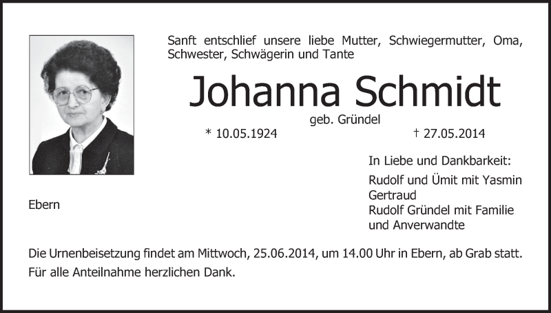  Traueranzeige für Johanna Schmidt vom 23.06.2014 aus MGO