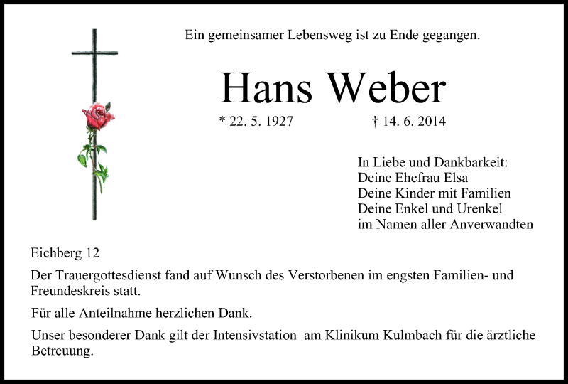  Traueranzeige für Hans Weber vom 21.06.2014 aus MGO