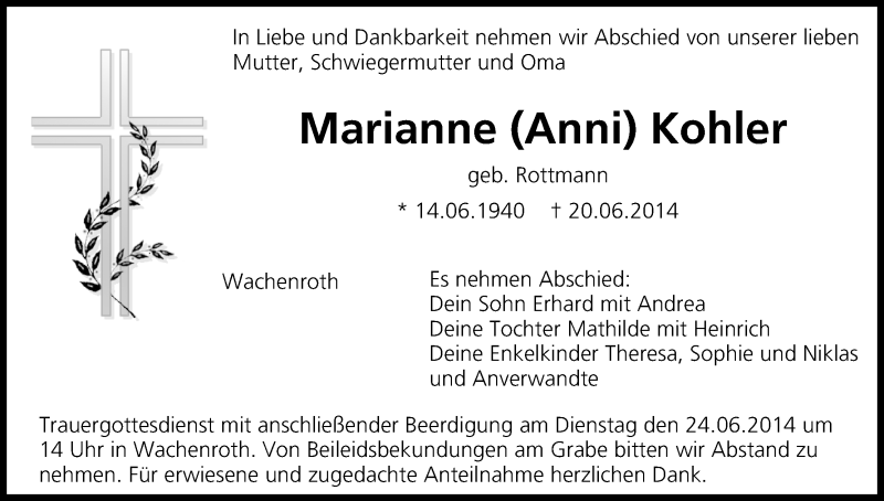  Traueranzeige für Marianne Kohler vom 23.06.2014 aus MGO