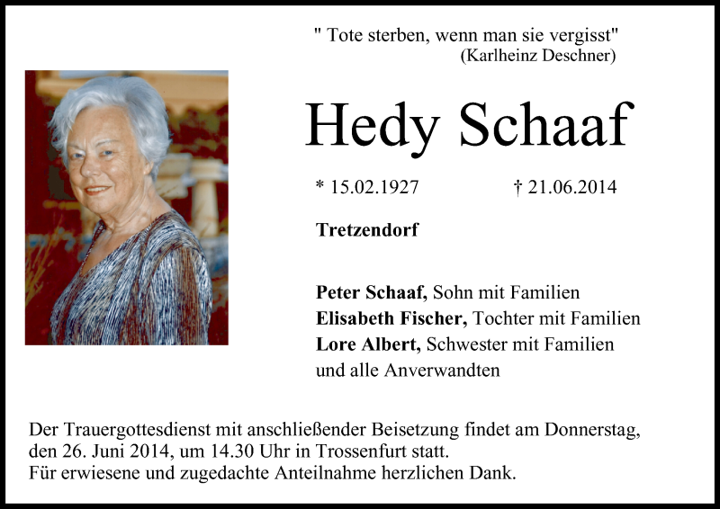  Traueranzeige für Hedy Schaaf vom 24.06.2014 aus MGO