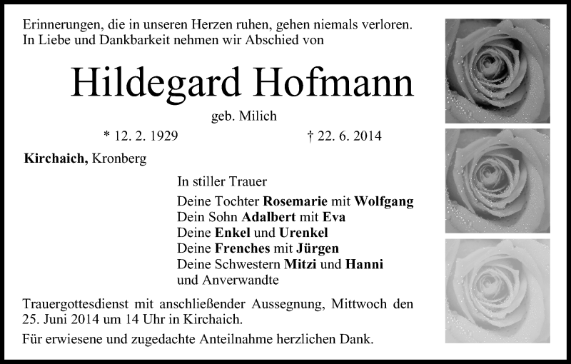  Traueranzeige für Hildegard Hofmann vom 24.06.2014 aus MGO