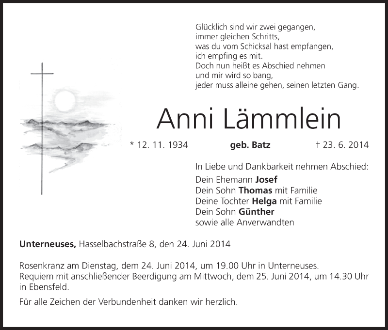  Traueranzeige für Anni Lämmlein vom 24.06.2014 aus MGO