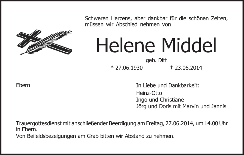  Traueranzeige für Helene Middel vom 25.06.2014 aus MGO