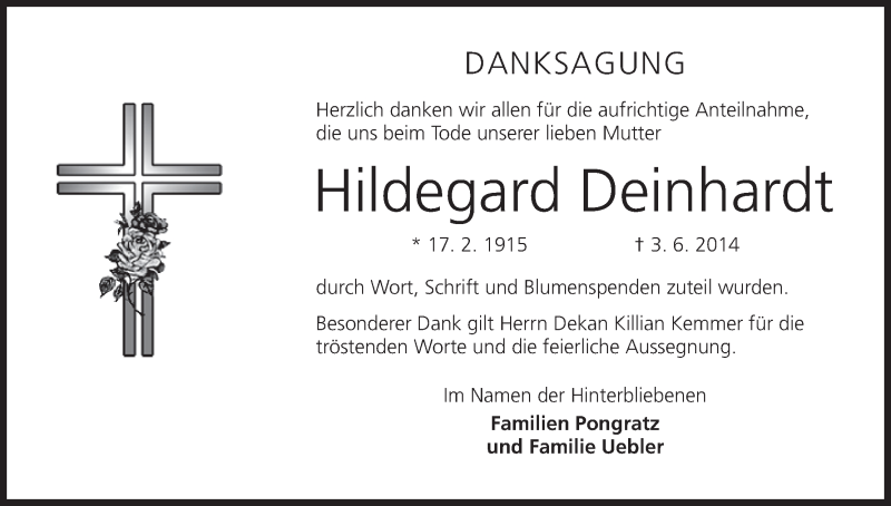  Traueranzeige für Hildegard Deinhardt vom 28.06.2014 aus MGO