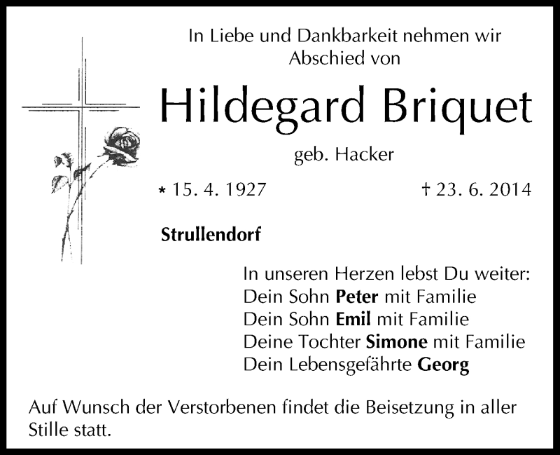  Traueranzeige für Hildegard Briquet vom 28.06.2014 aus MGO