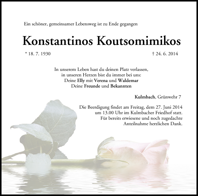  Traueranzeige für Konstantinos Koutsomimikos vom 25.06.2014 aus MGO