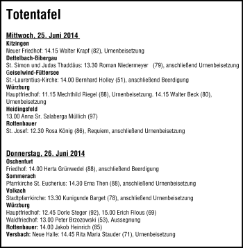 Anzeige von Totentafel 25.06.2014 von MGO