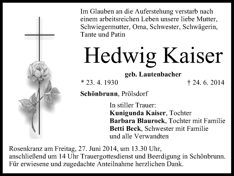  Traueranzeige für Hedwig Kaiser vom 25.06.2014 aus MGO