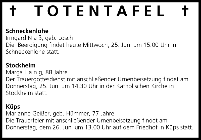  Traueranzeige für Totentafel 25.06.2014 vom 25.06.2014 aus MGO