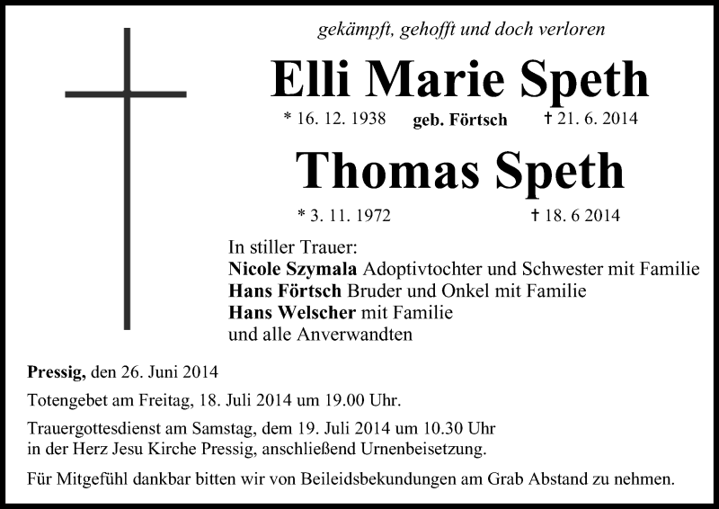  Traueranzeige für Elli Marie Speth vom 26.06.2014 aus MGO