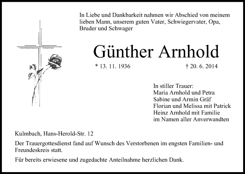  Traueranzeige für Günther Arnhold vom 26.06.2014 aus MGO