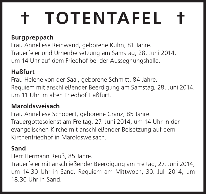  Traueranzeige für Totentafel 26.06.2014 vom 26.06.2014 aus MGO