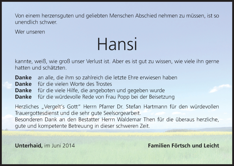  Traueranzeige für Hansi  vom 28.06.2014 aus MGO