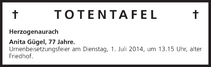  Traueranzeige für Totentafel vom 27.06.2014 vom 27.06.2014 aus MGO